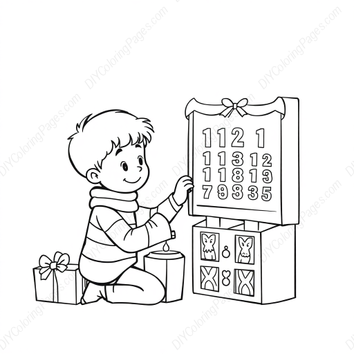 boy opening advent calendar - boy, opening, advent calendar coloring page