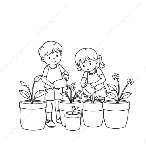 kids watering plants - kids, watering, plants coloring page