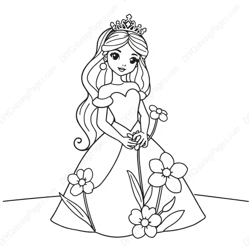 princess with flowers - princess, flowers coloring page