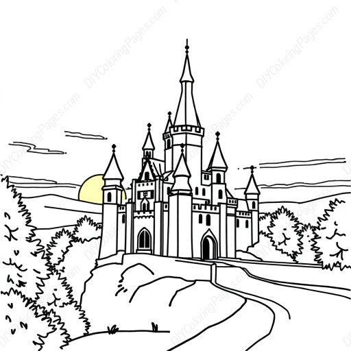 Free Printable castle at sunset - castle, sunset Coloring Page for Kids and Adults - High Quality PDF & PNG Download