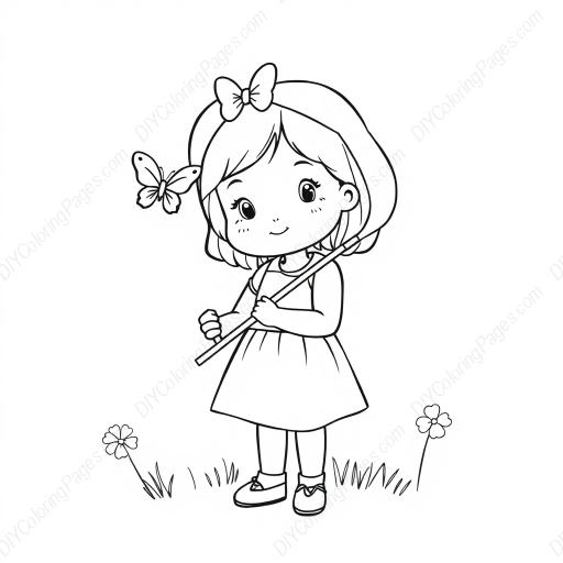 little girl with butterfly net - little girl, butterfly net coloring page
