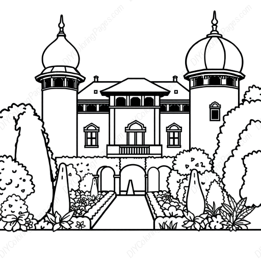 Free Printable palace with gardens - palace, gardens Coloring Page for Kids and Adults - High Quality PDF & PNG Download