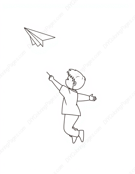 child flying paper airplane - child, flying, paper airplane coloring page