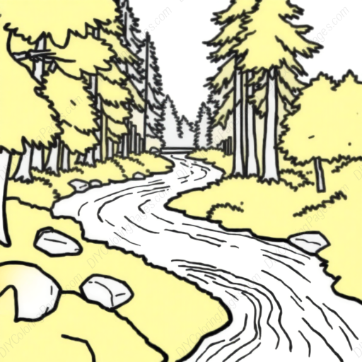 river through forest - forest, river coloring page