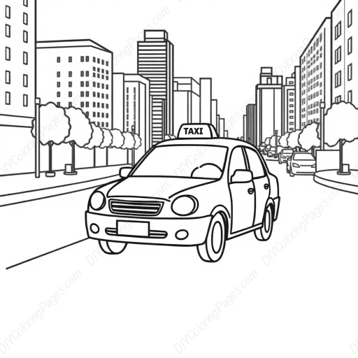 Free Printable taxi in city - city, taxi Coloring Page for Kids and Adults - High Quality PDF & PNG Download