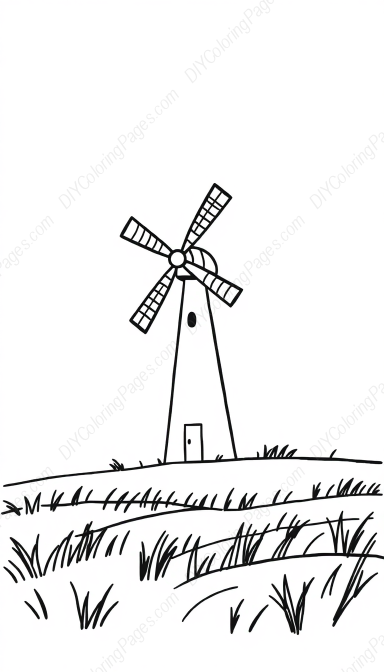 Free Printable windmill in field Coloring Page for Kids and Adults - High Quality PDF & PNG Download