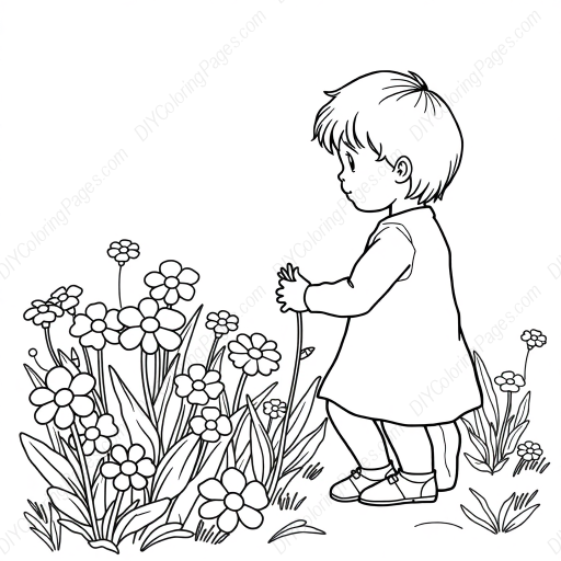 child picking flowers - child, flowers, picking coloring page