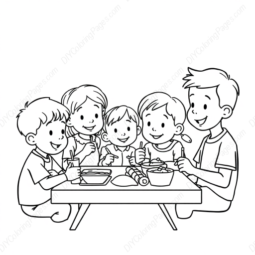 kids at lunch - kids, lunch coloring page