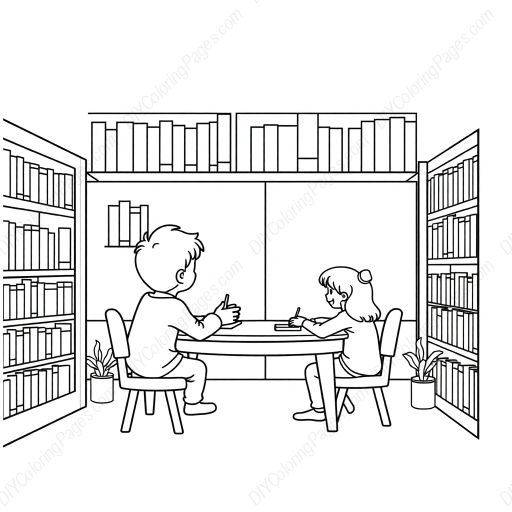 kids at library - kids, library coloring page