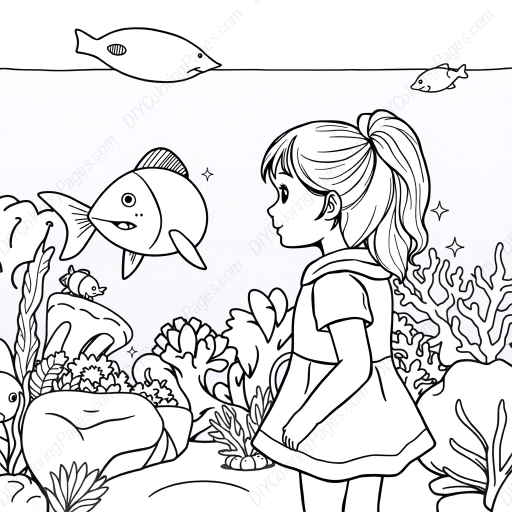 little girl at aquarium - little girl, aquarium coloring page