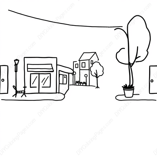 Free Printable street - road, sidewalk, people, buildings, street Coloring Page for Kids and Adults - High Quality PDF & PNG Download