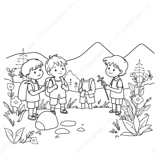 kids exploring nature - kids, nature, exploring coloring page