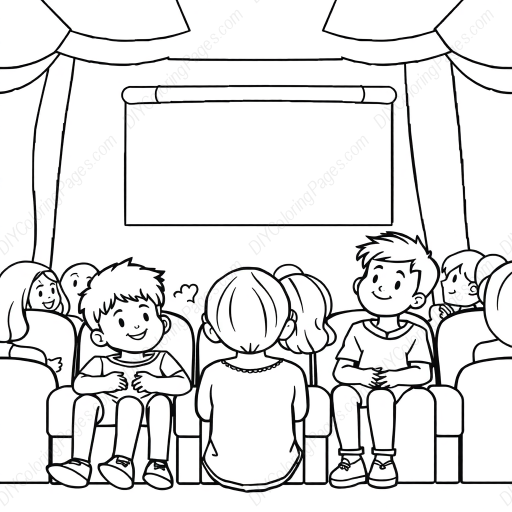 kids at movie - kids, movie coloring page