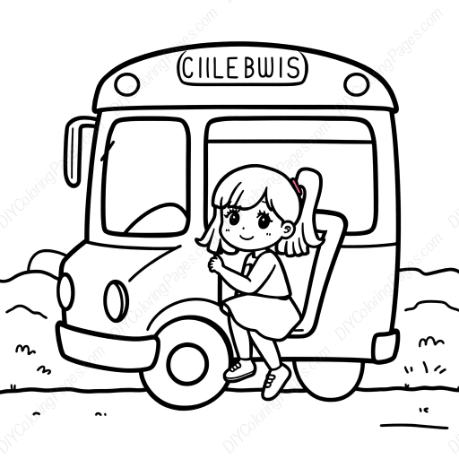 little girl on school bus - little girl, school bus coloring page