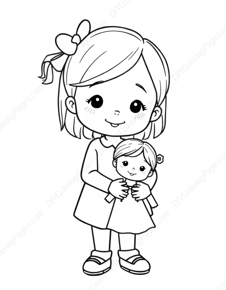 little girl with doll - little girl, doll coloring page