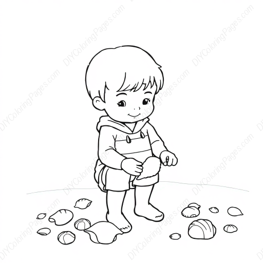 child collecting shells - shells, child, collecting coloring page