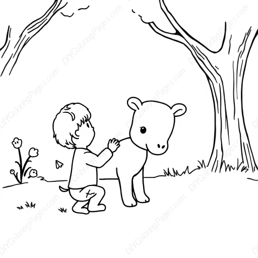 child petting animal - child, petting, animal coloring page