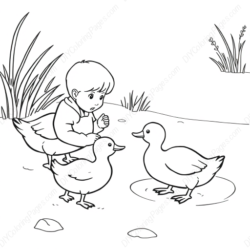 child feeding ducks - child, feeding, ducks coloring page