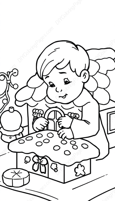 child making gingerbread house - child, making, gingerbread house coloring page
