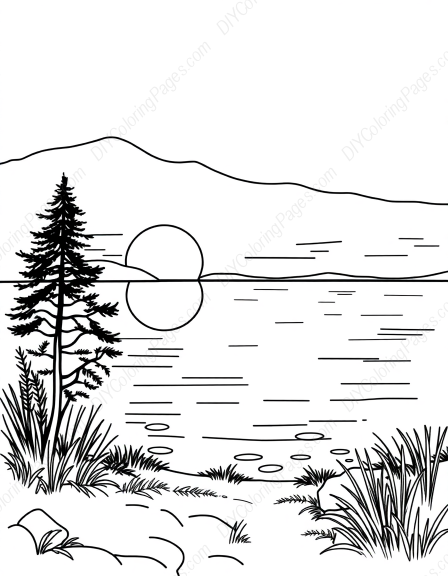 lake at sunset - lake, sunset coloring page