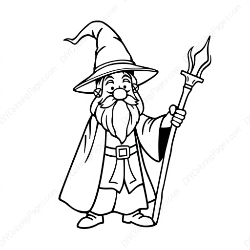 Free Printable wizard with staff - wizard, staff Coloring Page for Kids and Adults - High Quality PDF & PNG Download