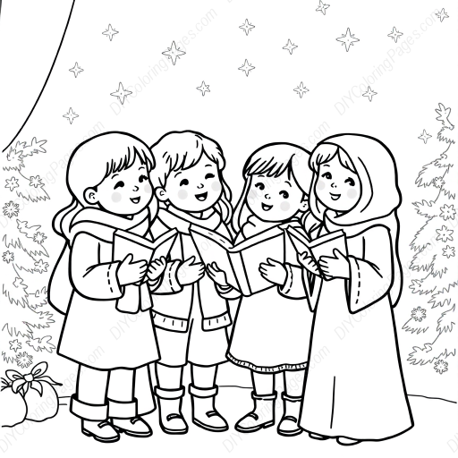 children singing carols - children, singing, carols coloring page