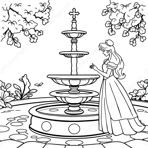 princess at fountain - princess, fountain coloring page