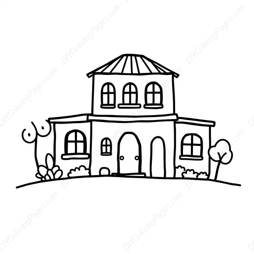 Free Printable villa - house, garden, flowers, trees, villa Coloring Page for Kids and Adults - High Quality PDF & PNG Download