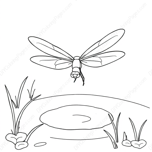 dragonfly over pond - dragonfly, pond coloring page