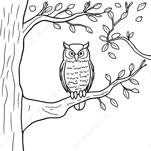 owl in tree - tree, owl coloring page