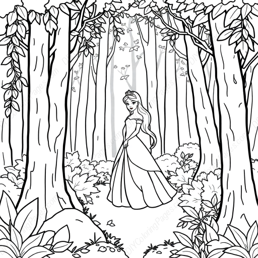 princess in forest - princess, forest coloring page