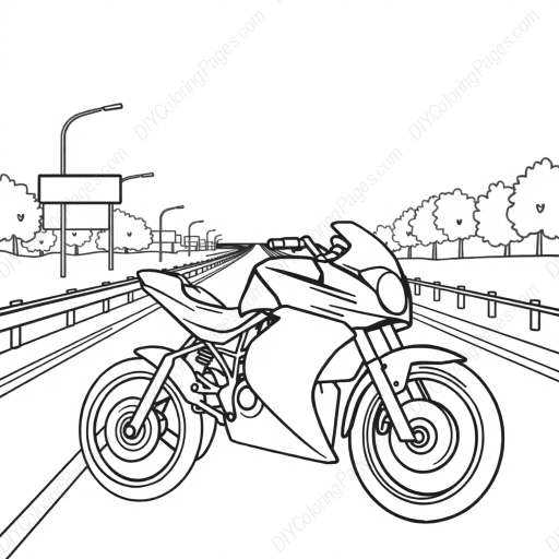 Free Printable motorcycle on highway - motorcycle, highway Coloring Page for Kids and Adults - High Quality PDF & PNG Download