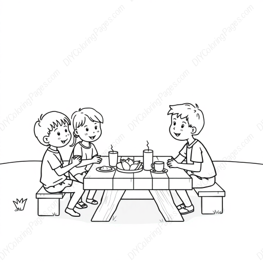 kids having picnic - kids, picnic coloring page