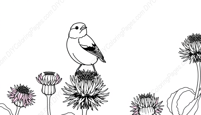 goldfinch on thistle - goldfinch, thistle coloring page