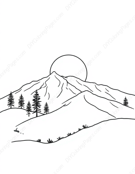 Free Printable sunrise on mountain - mountain, sunrise Coloring Page for Kids and Adults - High Quality PDF & PNG Download