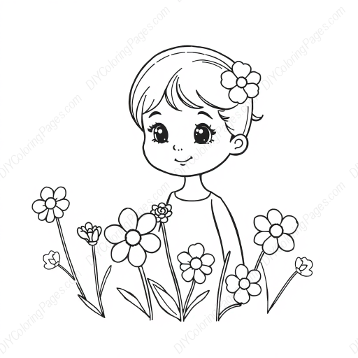 little girl with flowers - girl, flowers coloring page