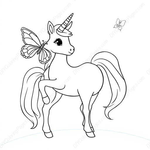 Free Printable unicorn with butterfly - unicorn, butterfly Coloring Page for Kids and Adults - High Quality PDF & PNG Download