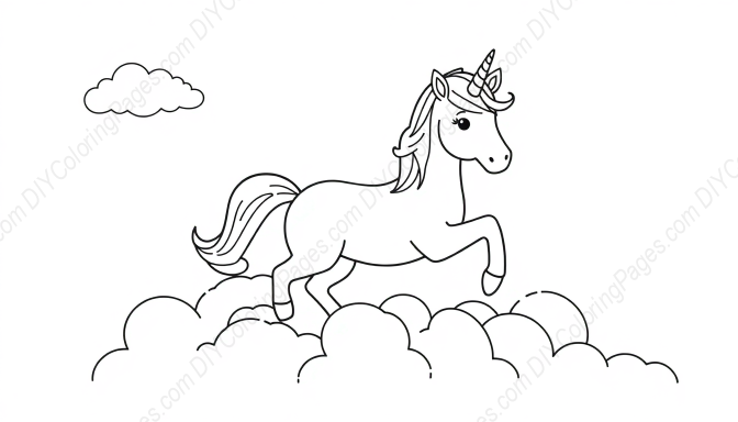 unicorn in clouds - unicorn, clouds coloring page