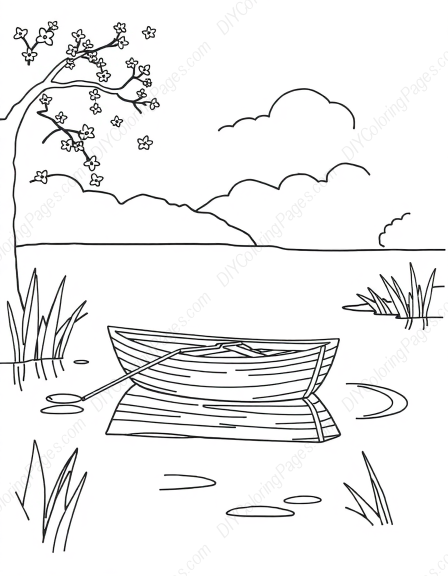 Free Printable rowboat on pond - pond, rowboat Coloring Page for Kids and Adults - High Quality PDF & PNG Download