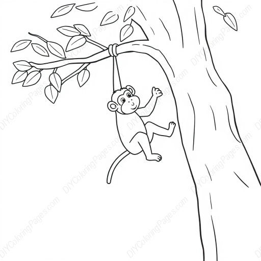 monkey swinging on tree - tree, monkey, swinging coloring page