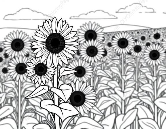 Free Printable field of sunflowers - field, sunflowers Coloring Page for Kids and Adults - High Quality PDF & PNG Download