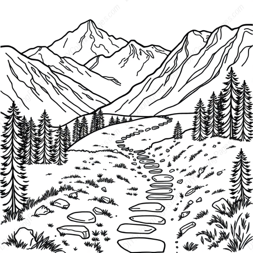 Free Printable mountain trail - mountain, trail Coloring Page for Kids and Adults - High Quality PDF & PNG Download